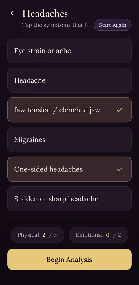 The Headaches symptom list in the Ankaa app, with jaw tension and one-sided headaches selected